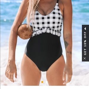 Gingham and black ruffle one piece swimsuit